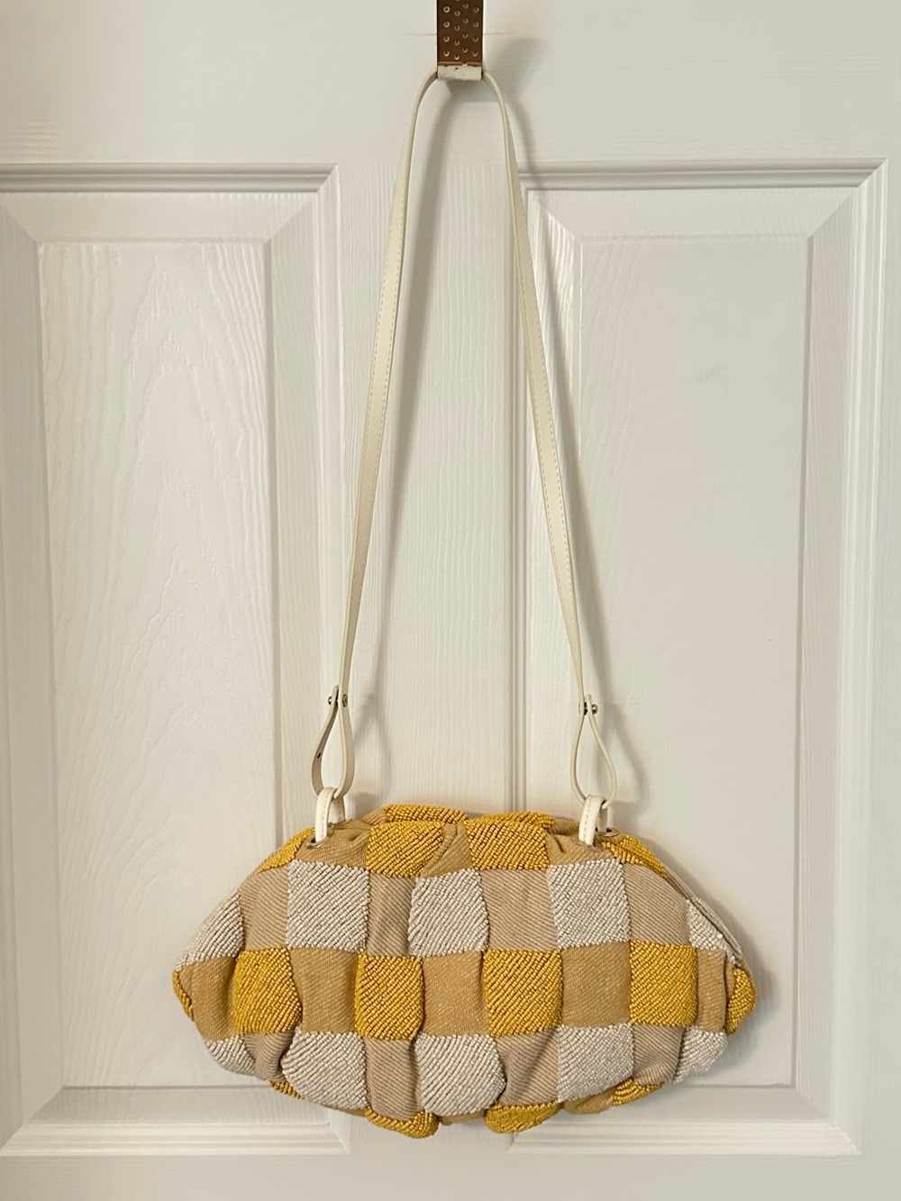 Like New Zara Yellow & White Beaded Checkerboard Crossbody Clutch